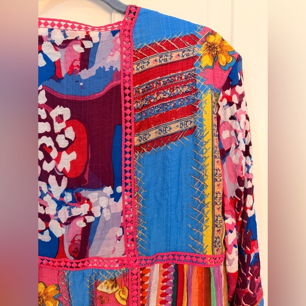 CALESSA S Fiesta Patchwork Print Boho Square-Neck 3/4 Bell Cuff Sleeve Blouse - Picture 8 of 13